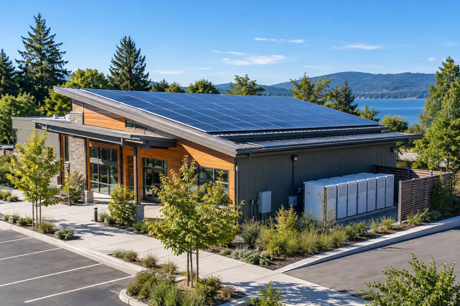 Community building with rooftop solar panels and energy storage