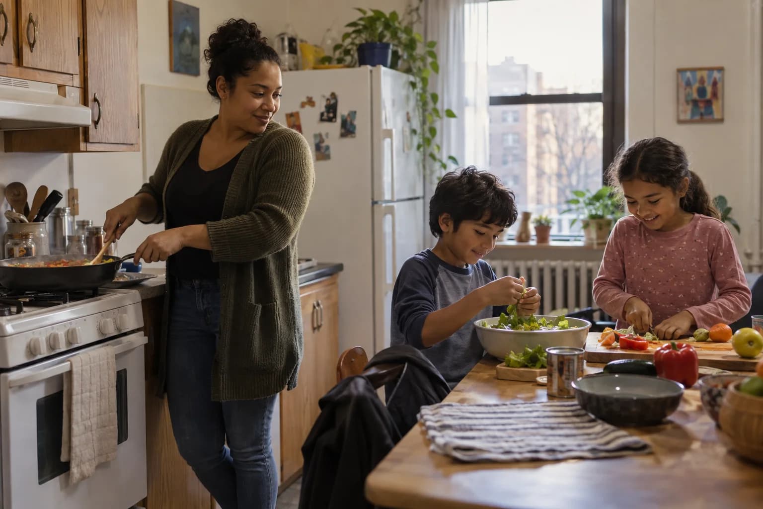 Parent and children preparing a meal together at home