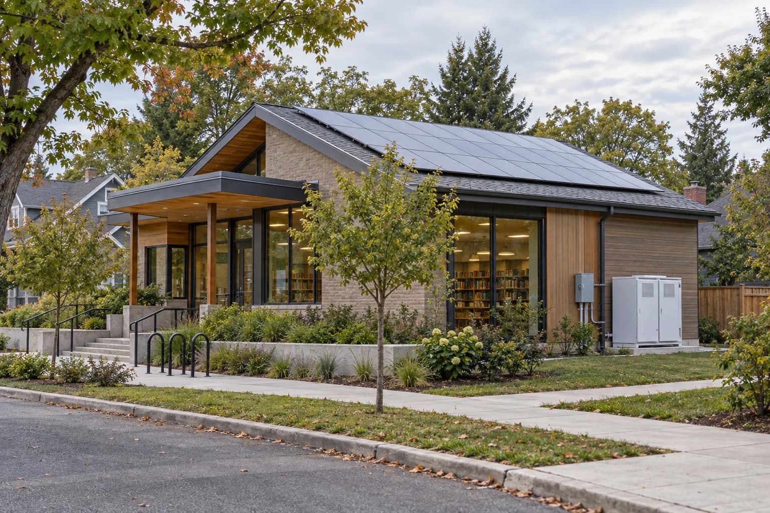 Neighborhood library with rooftop solar and battery storage