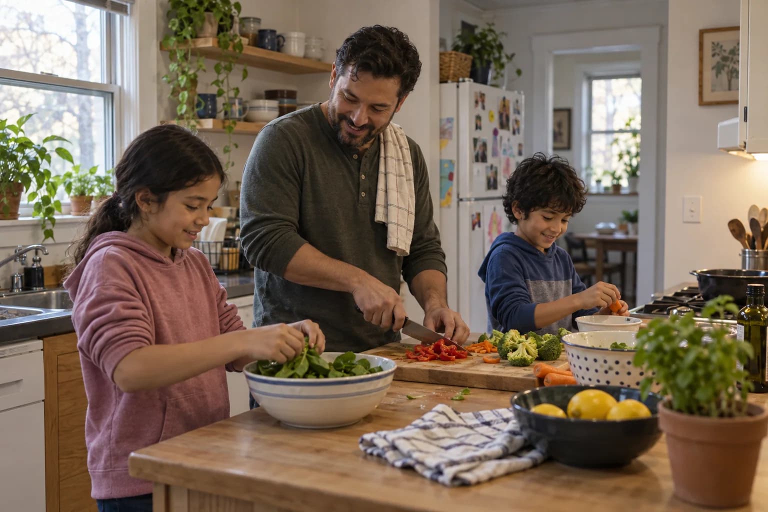 Parent and children preparing a meal together at home