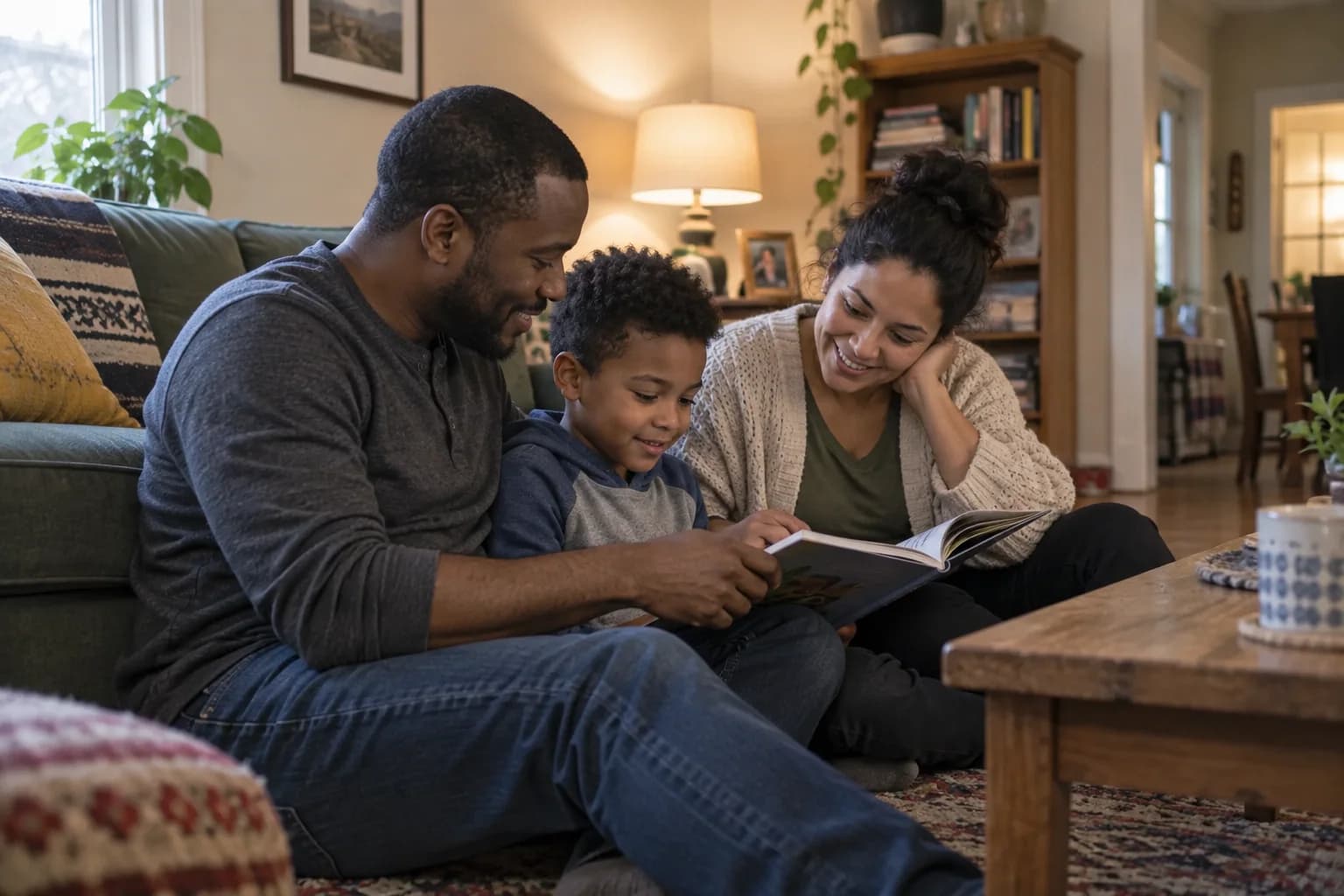 Family reading together at home