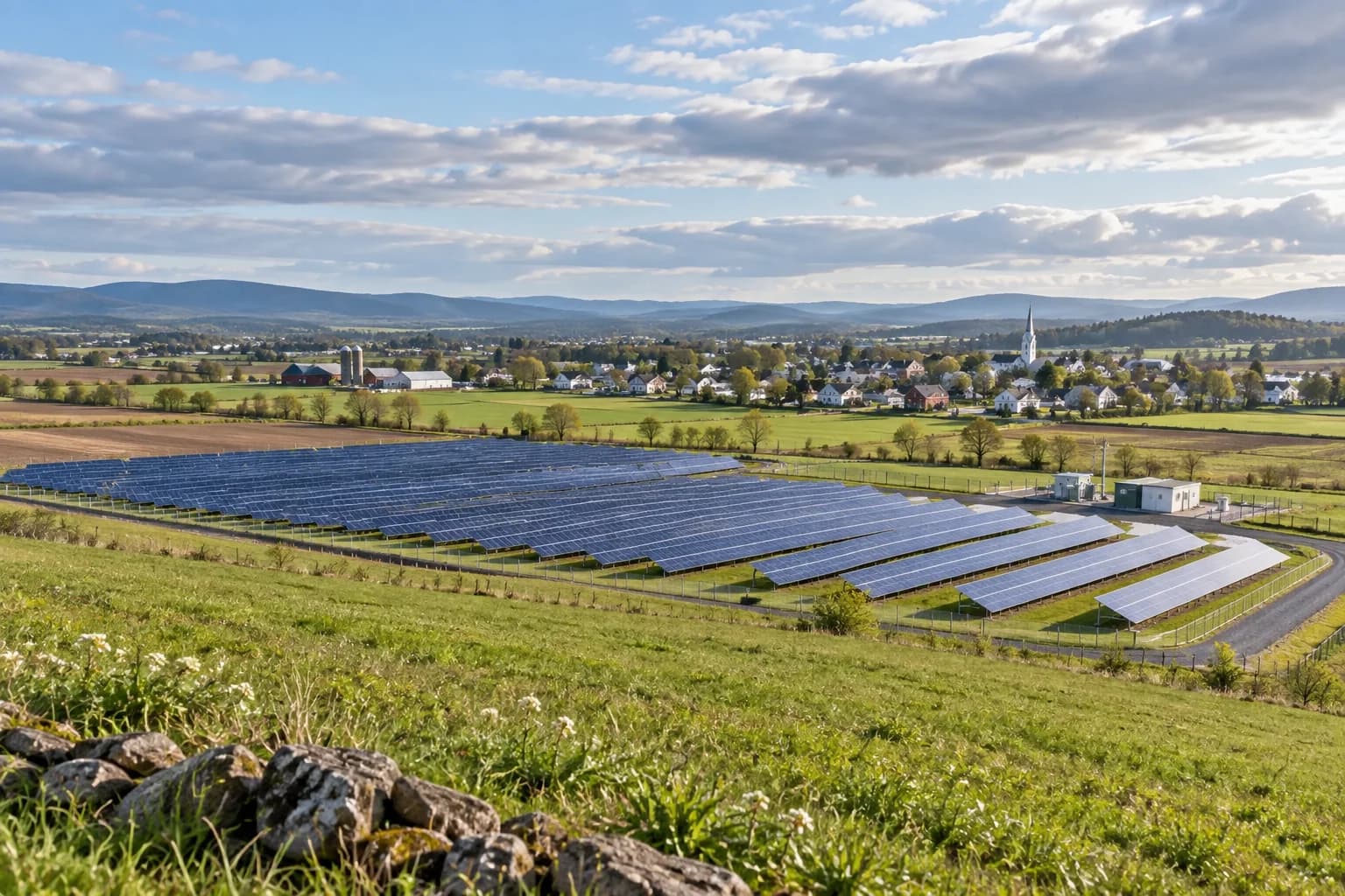 Solar array in a rural landscape near a small town