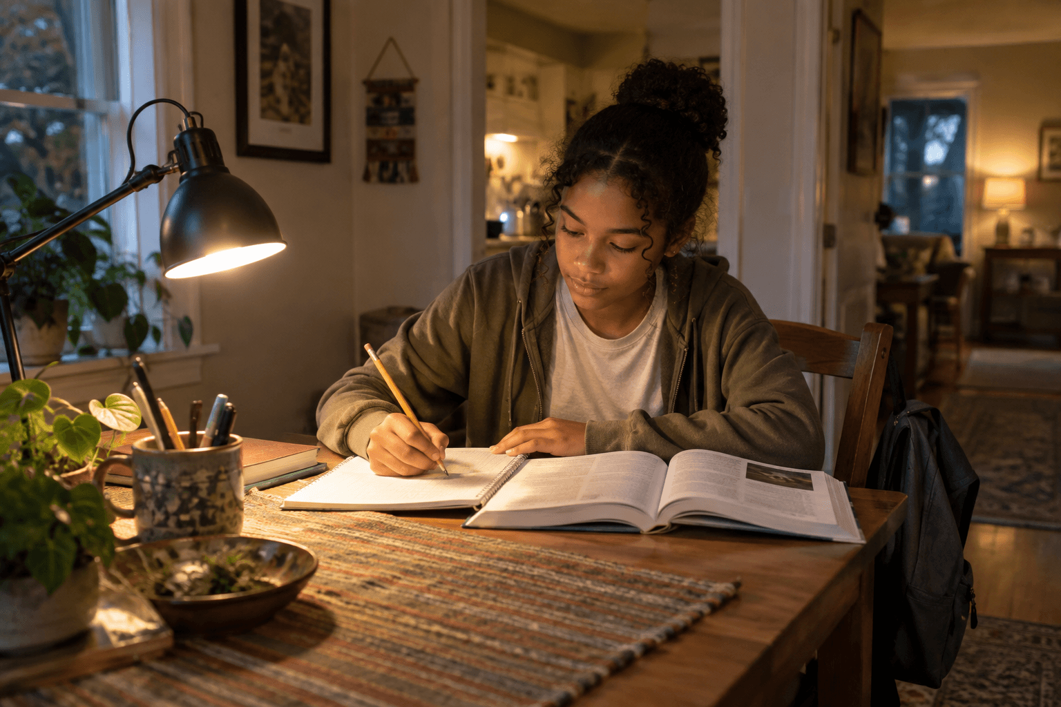 Adolescent studying at home under a lit desk lamp